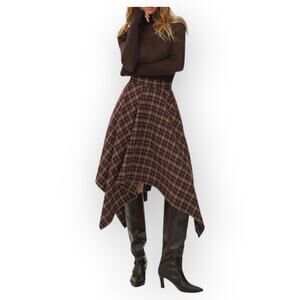 Commense Plaid Asymmetric Midi Skirt XL Brown Tweed Style - Celtic Modern Chic